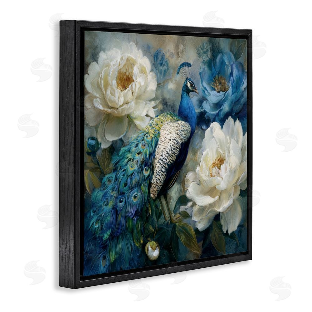 Tina LeCour Pretty Peony Peacock Black Floating Frame Canvas Wall Art Print