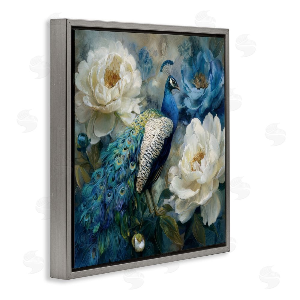 Tina LeCour Pretty Peony Peacock Gray Floating Frame Canvas Wall Art Print