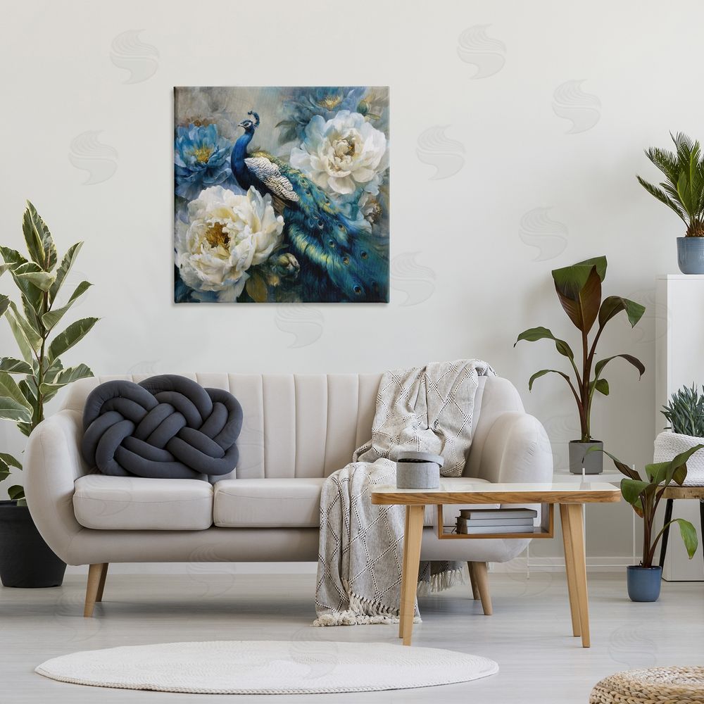 Tina LeCour Pretty Peacock with Roses Stretched Canvas Wall Art Print in Room