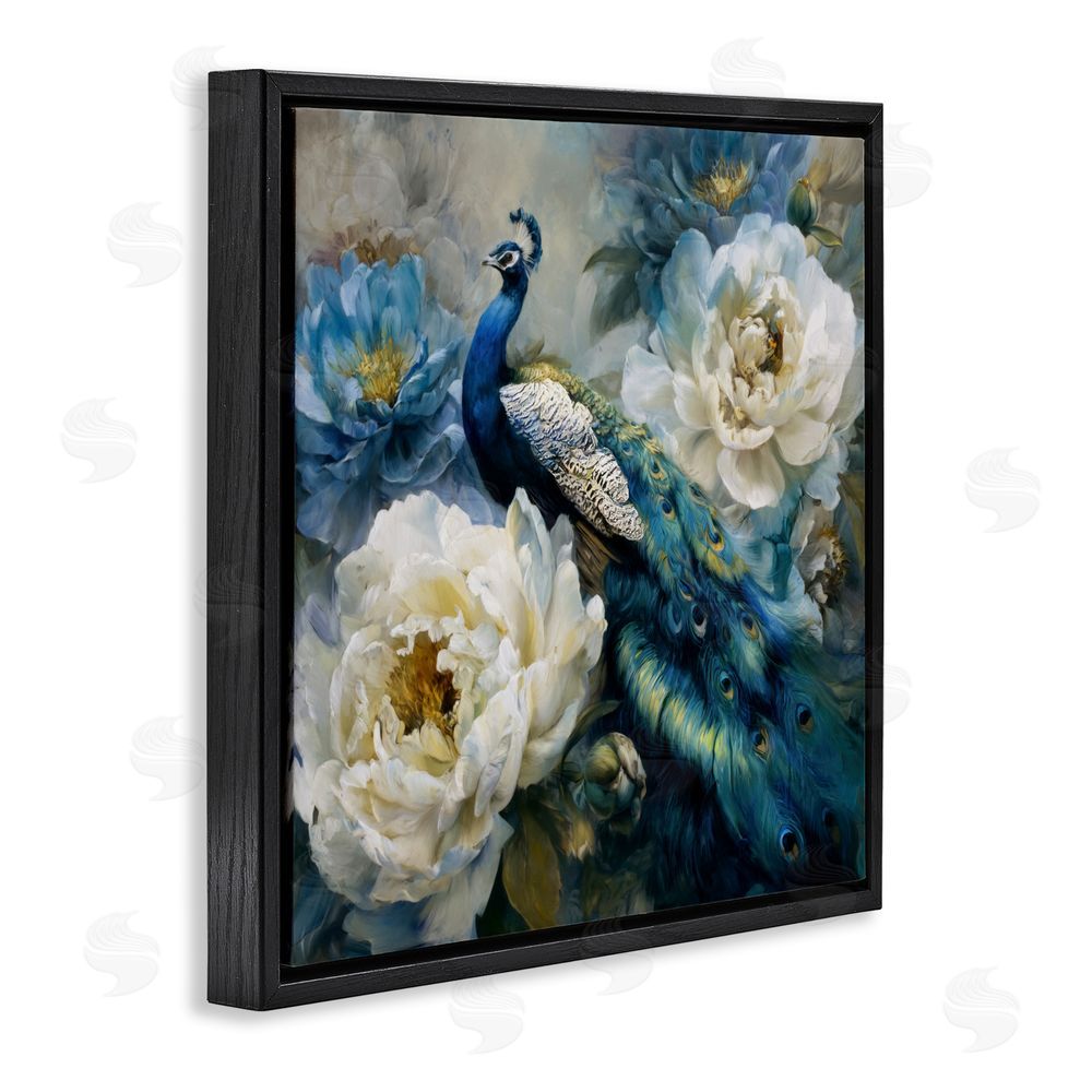 Tina LeCour Pretty Peacock with Roses Black Floating Frame Canvas Wall Art Print