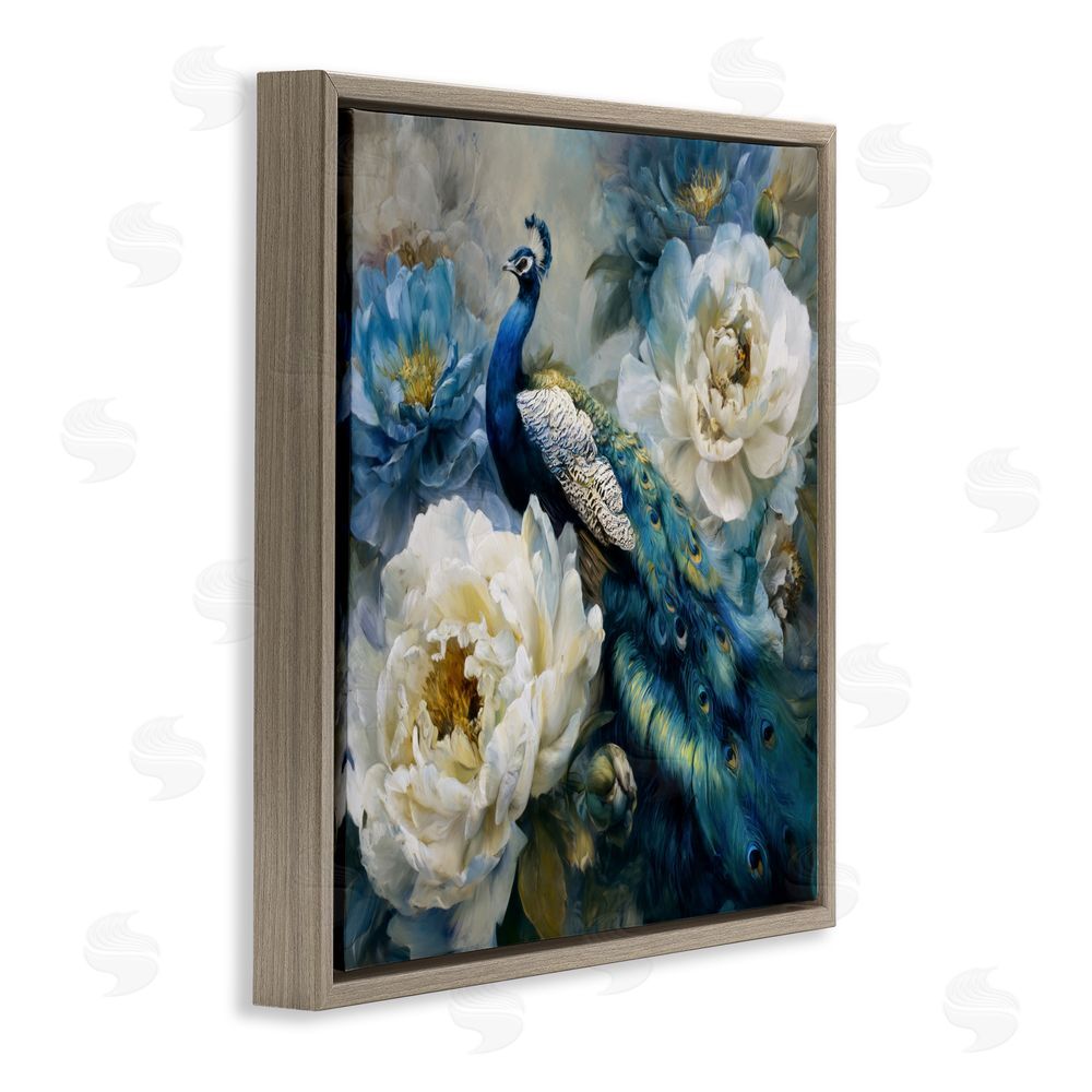 Tina LeCour Pretty Peacock with Roses Brown Floating Frame Canvas Wall Art Print