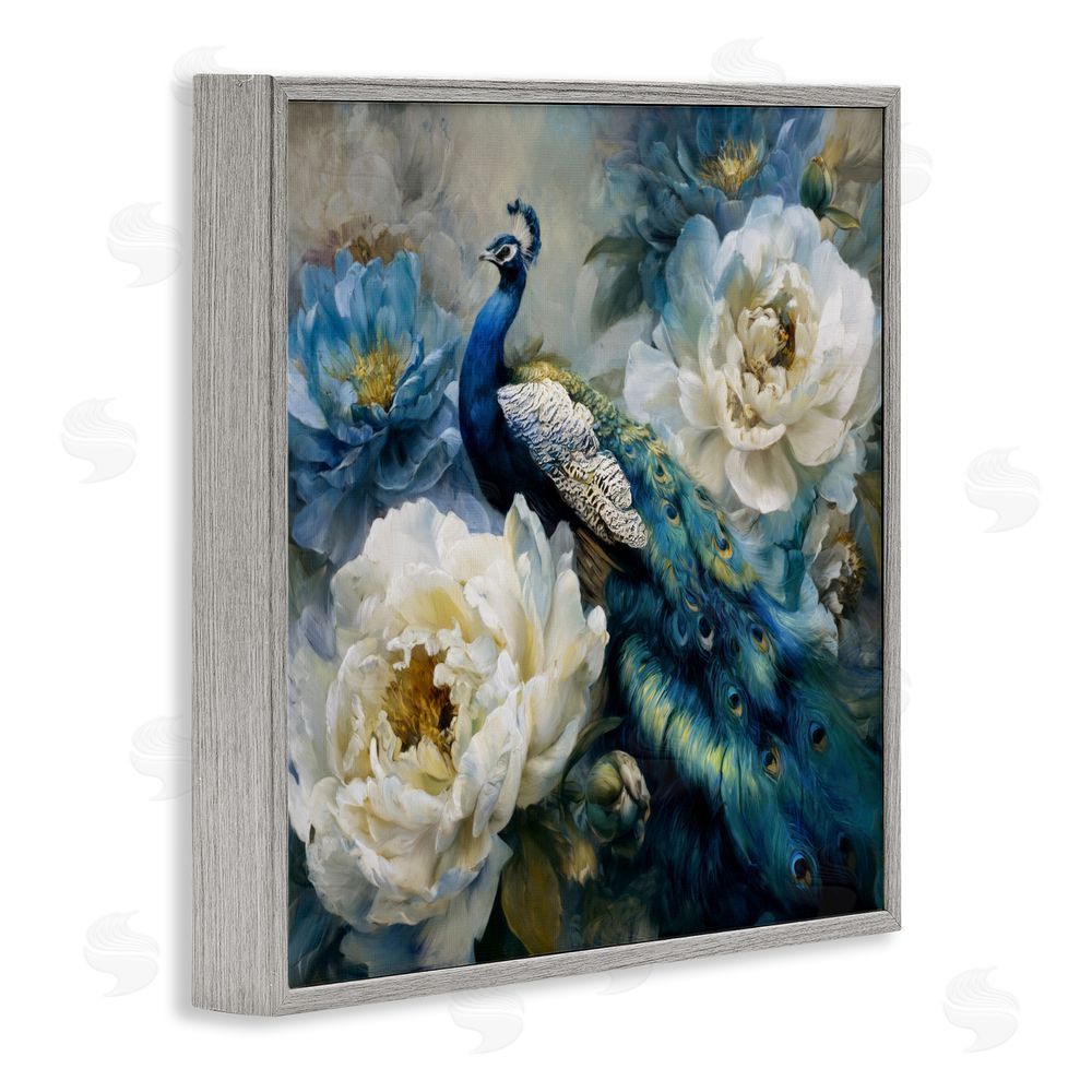 Tina LeCour Pretty Peacock with Roses Gray Framed Giclee Wall Art Print