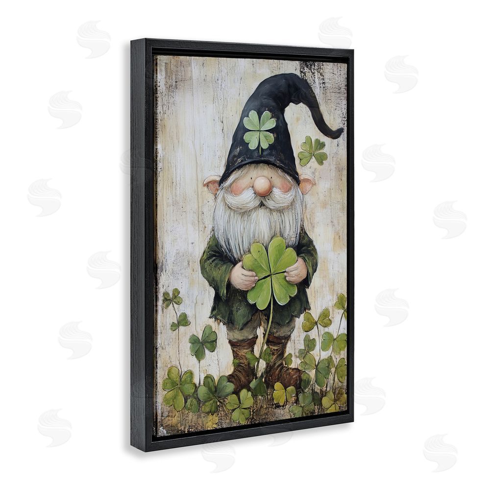 Tina LeCour Cottage Shamrock Gnome Black Floating Frame Canvas Wall Art Print