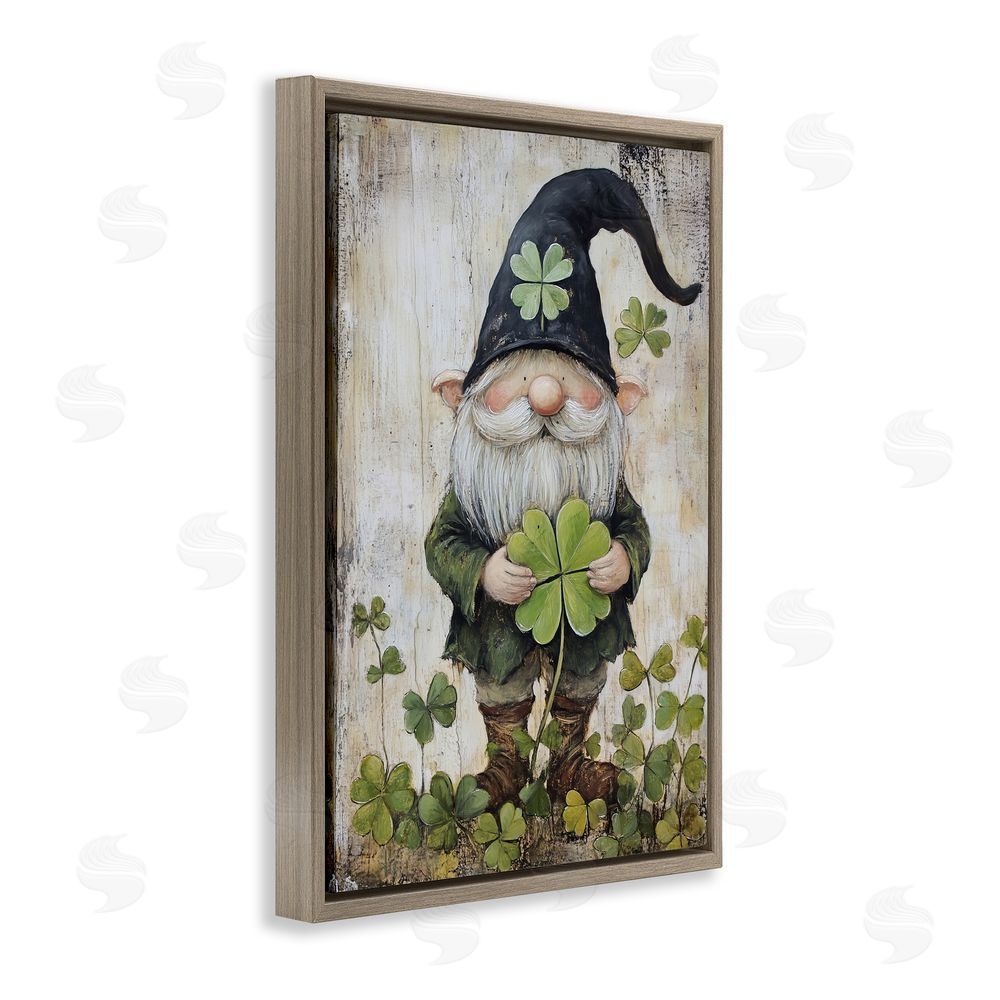 Tina LeCour Cottage Shamrock Gnome Brown Floating Frame Canvas Wall Art Print