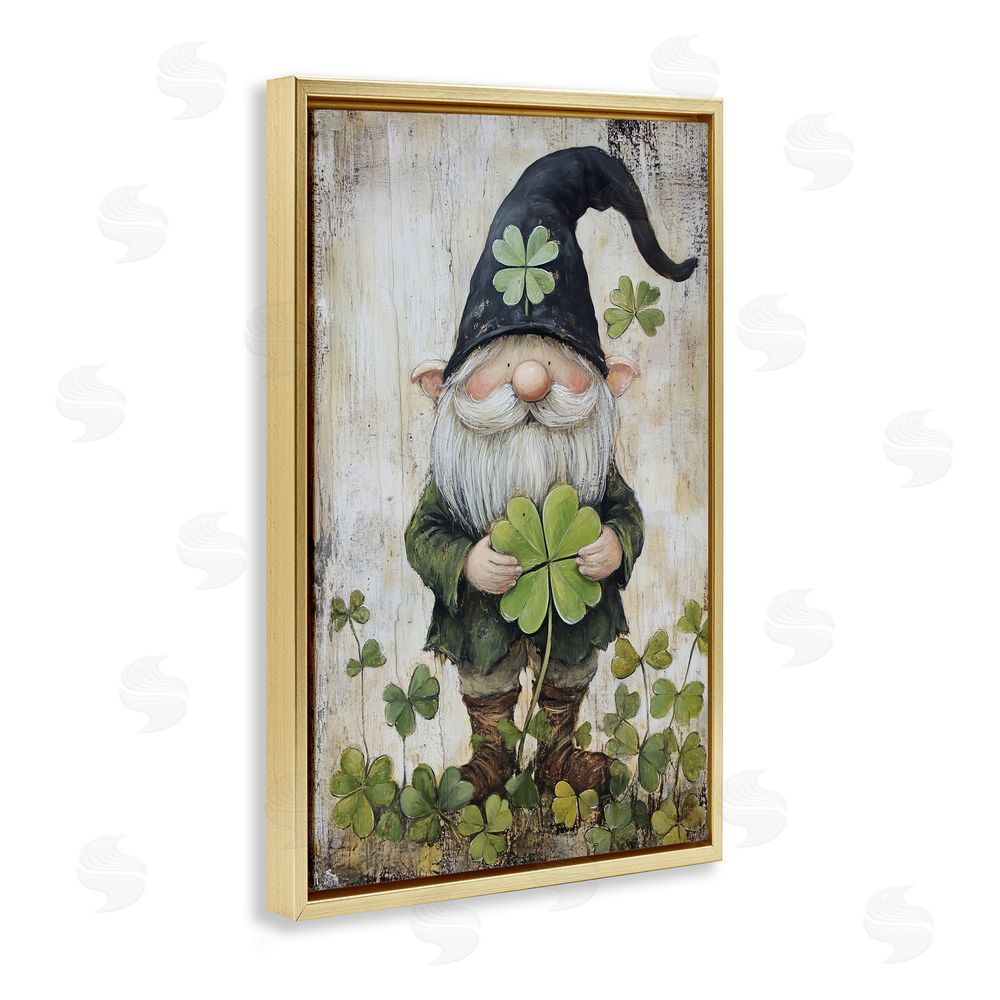 Tina LeCour Cottage Shamrock Gnome Gold Floating Frame Canvas Wall Art Print