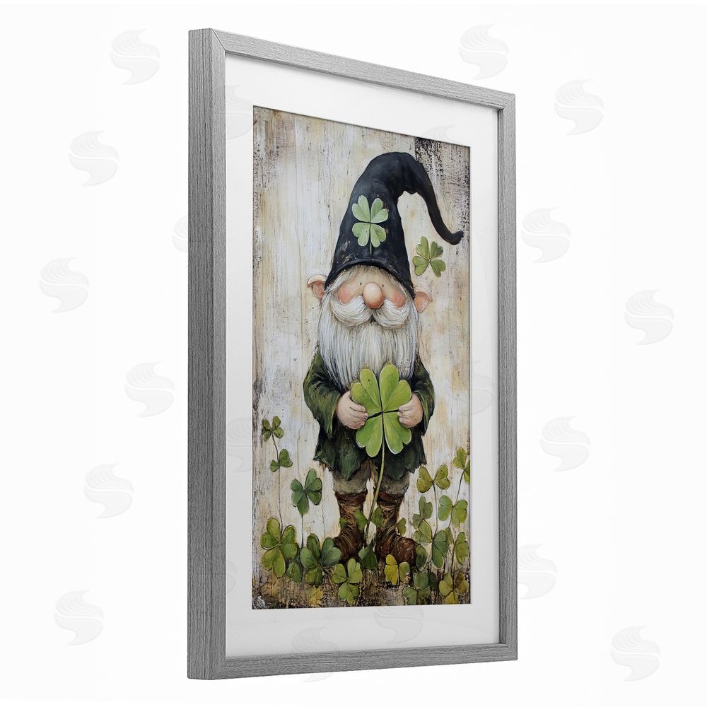 Tina LeCour Cottage Shamrock Gnome Gray Framed Print Under Glass Wall Art