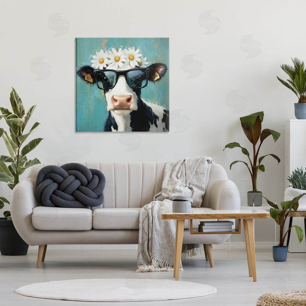Tina LeCour Nerdy Nessie Cow Stretched Canvas Wall Art Print in Room