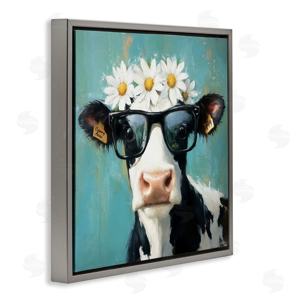 Tina LeCour Nerdy Nessie Cow Gray Floating Frame Canvas Wall Art Print