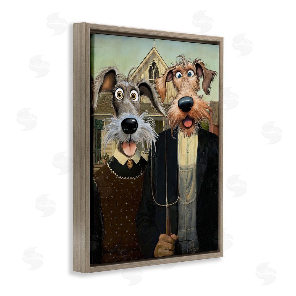 Tina LeCour American Gothic Pups Brown Floating Frame Canvas Wall Art Print