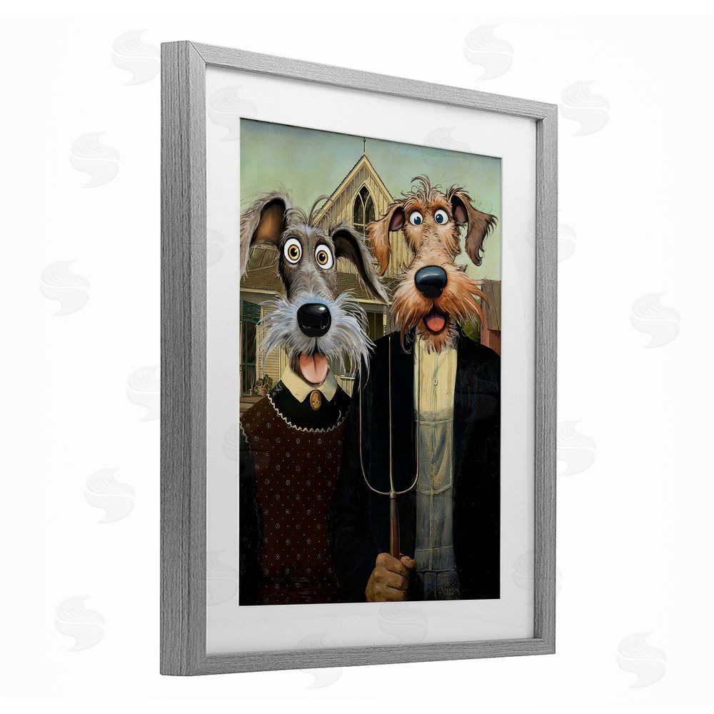 Tina LeCour American Gothic Pups Gray Framed Print Under Glass Wall Art