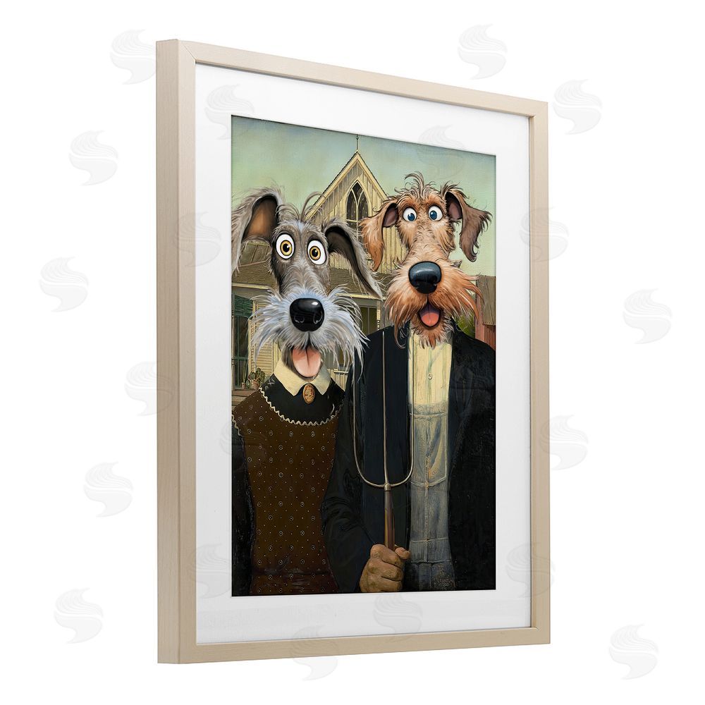 Tina LeCour American Gothic Pups Brown Framed Print Under Glass Wall Art