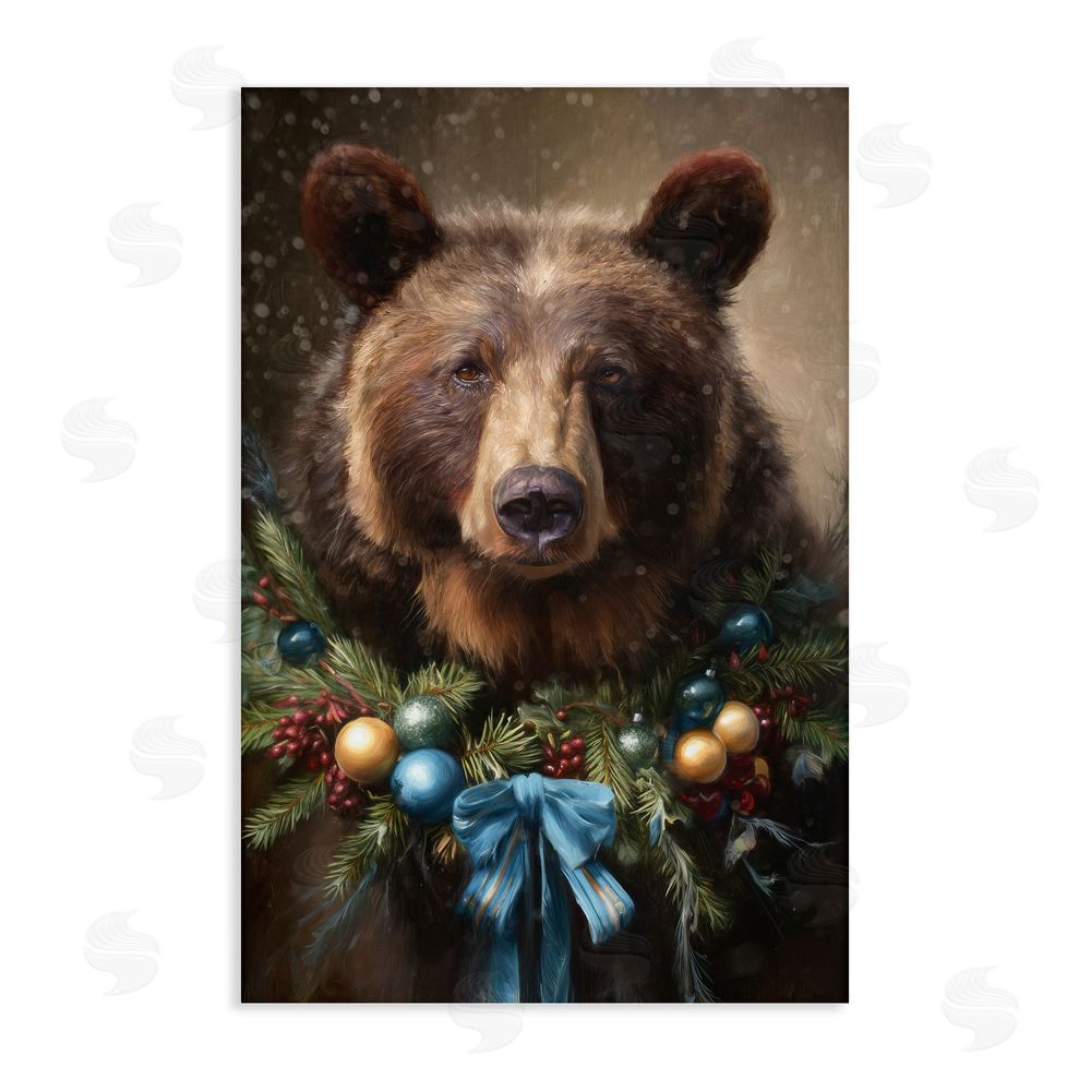 Tina LeCour Christmas Grizzly with Wreath Stretched Canvas Wall Art Print