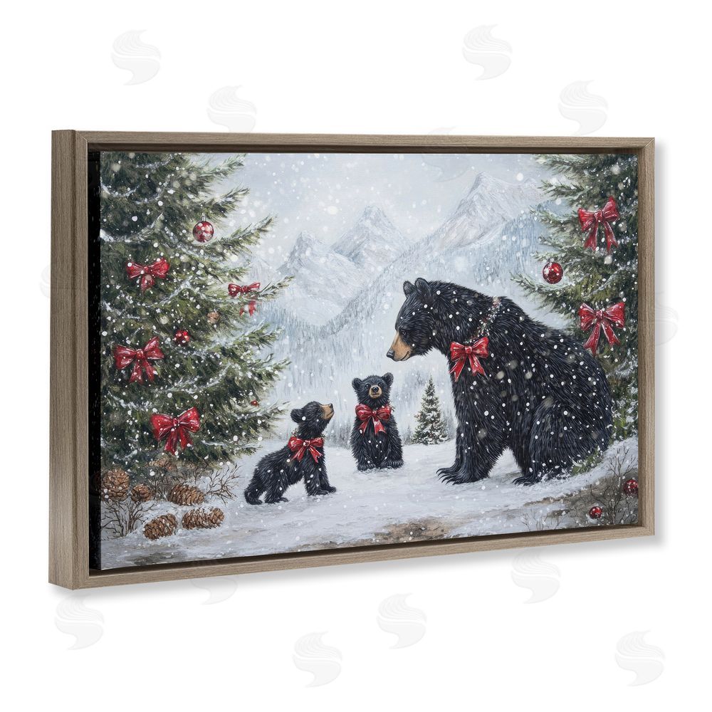 Tina LeCour Christmas Black Bears Brown Floating Frame Canvas Wall Art Print