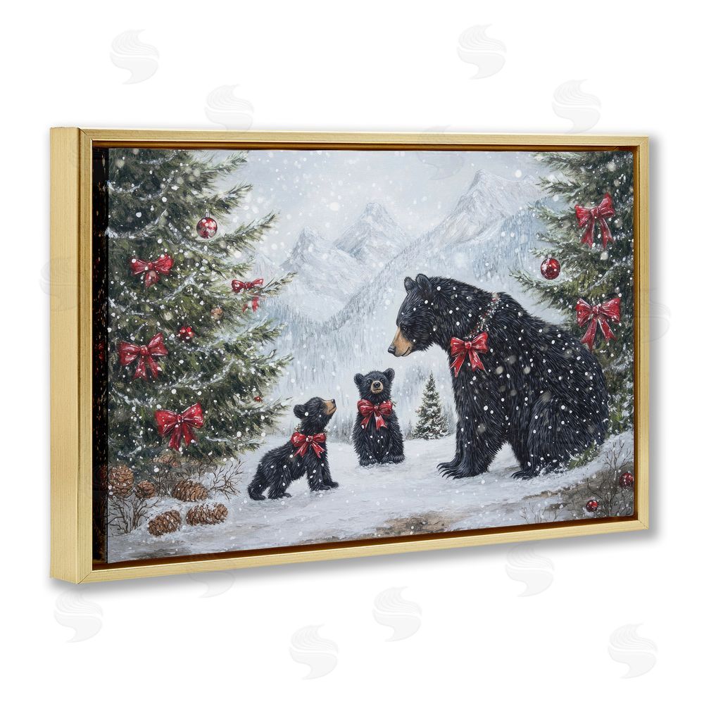 Tina LeCour Christmas Black Bears Gold Floating Frame Canvas Wall Art Print