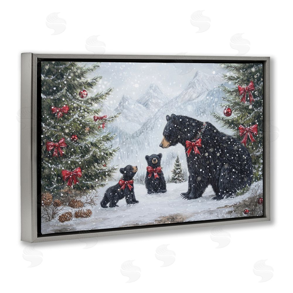 Tina LeCour Christmas Black Bears Gray Floating Frame Canvas Wall Art Print