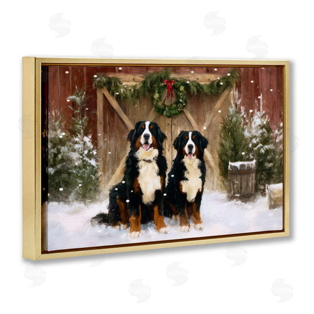 Tina LeCour Barnyard Bernese Mountain Dogs Gold Floating Frame Canvas Wall Art Print