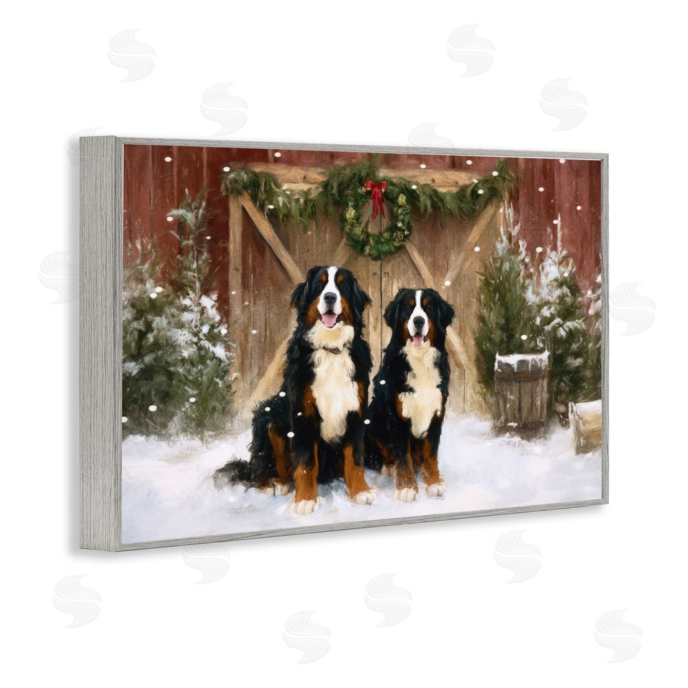 Tina LeCour Barnyard Bernese Mountain Dogs Gray Framed Giclee Wall Art Print