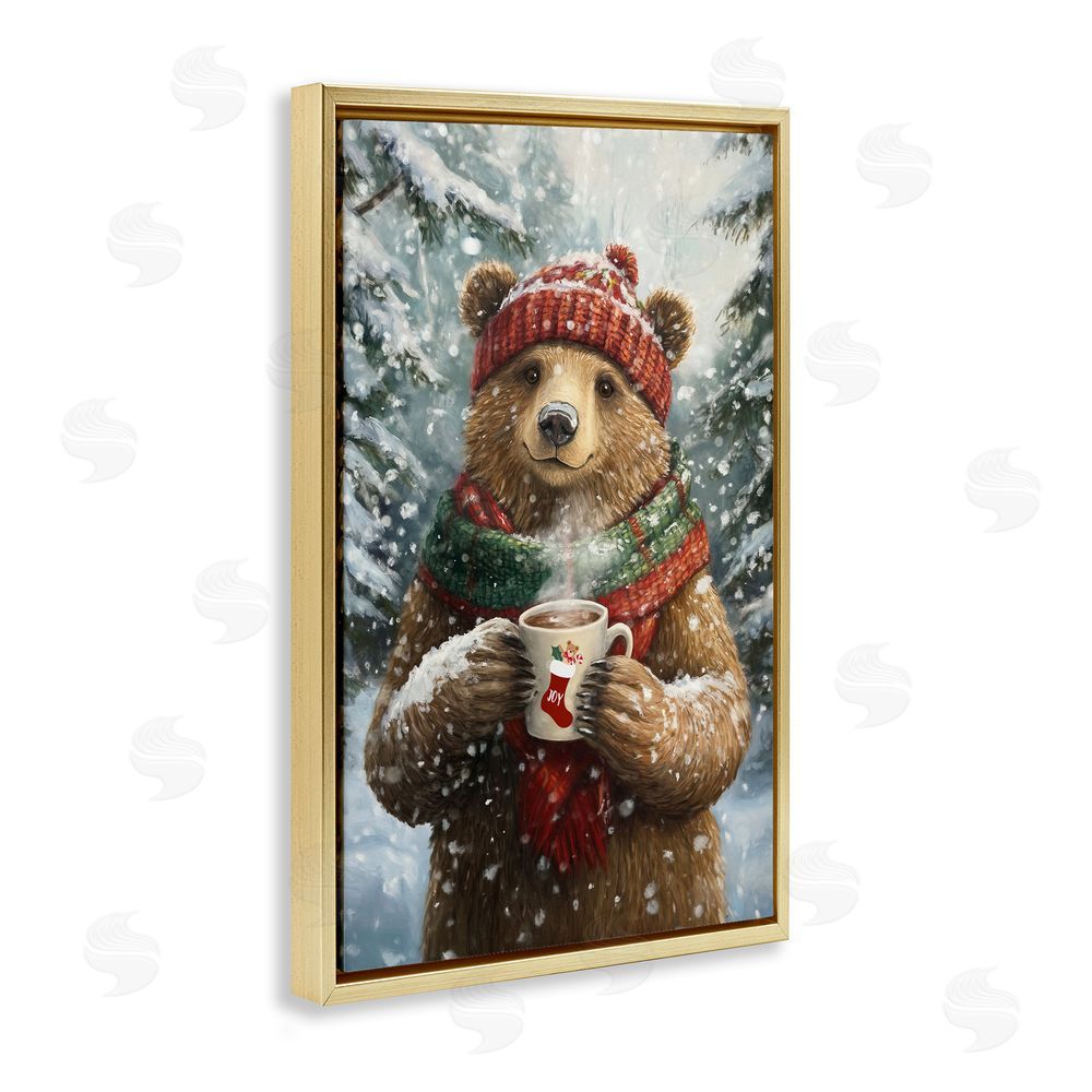 Tina LeCour Christmas Cocoa Bear Gold Floating Frame Canvas Wall Art Print