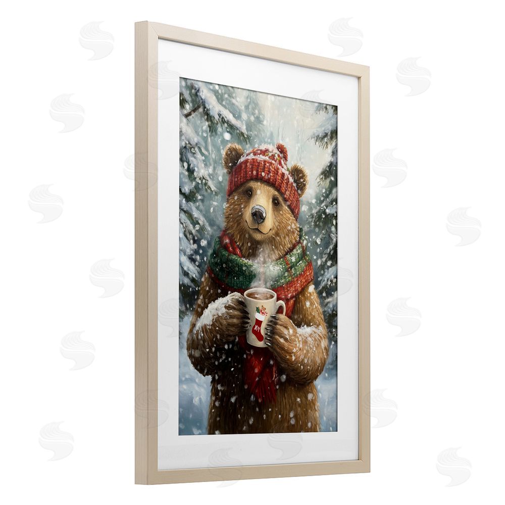 Tina LeCour Christmas Cocoa Bear Birch Framed Print Under Glass Wall Art