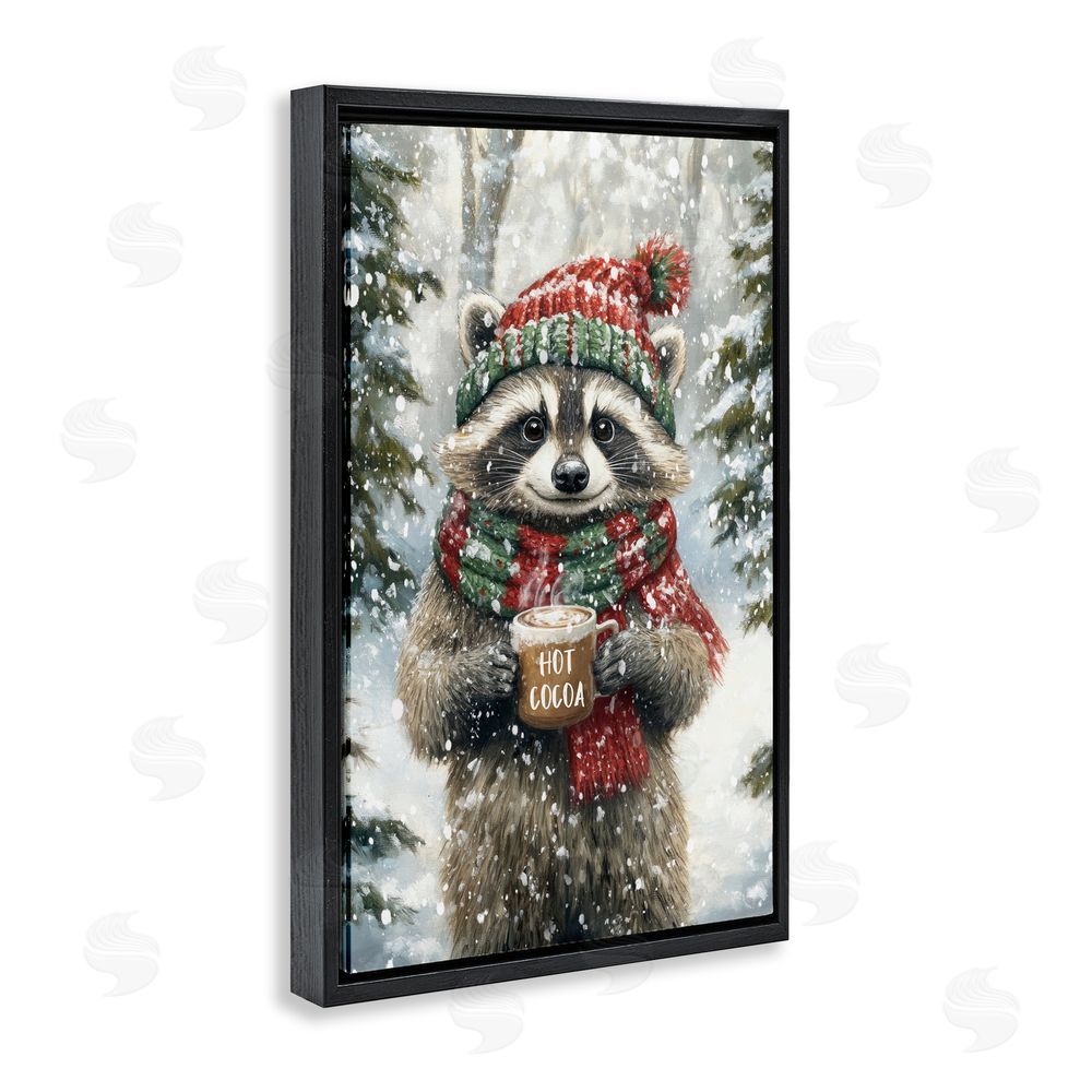 Tina LeCour Merry Cocoa Raccoon Black Floating Frame Canvas Wall Art