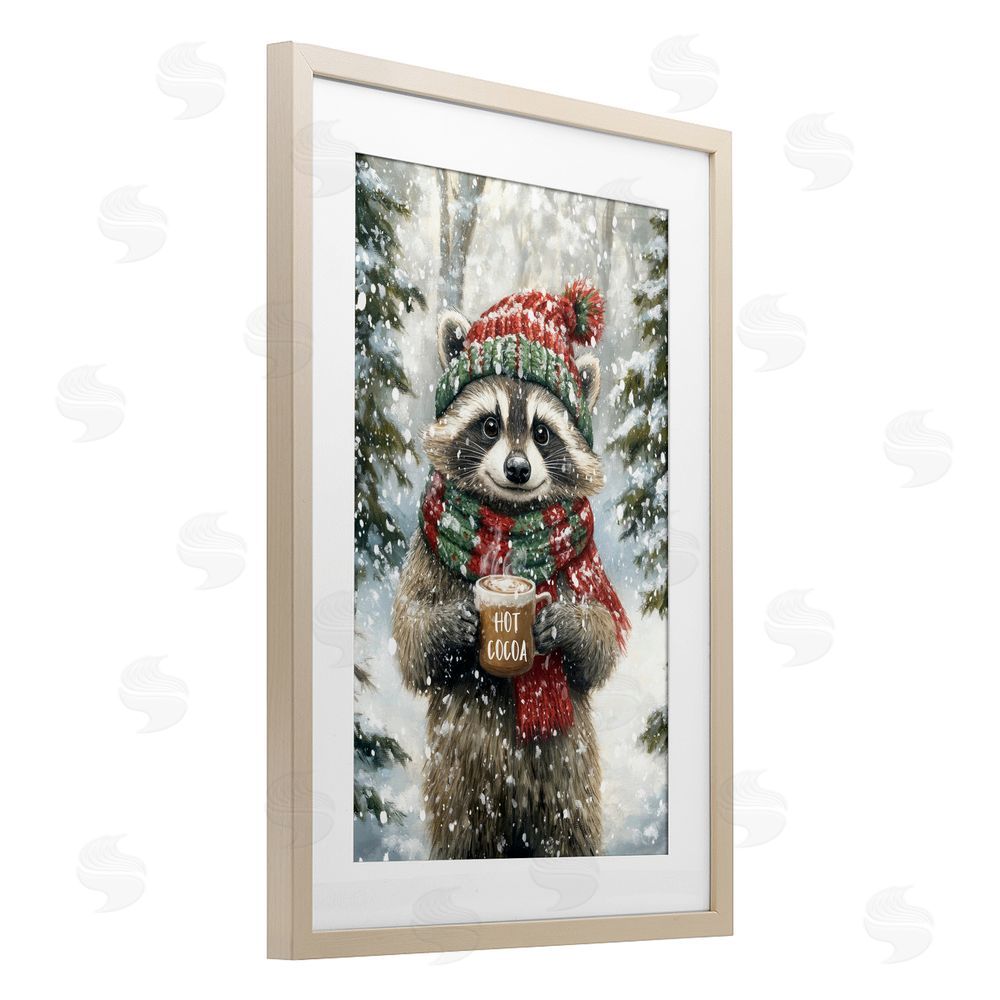 Tina LeCour Merry Cocoa Raccoon Brown Framed Print Under Glass with Mat Wall Art