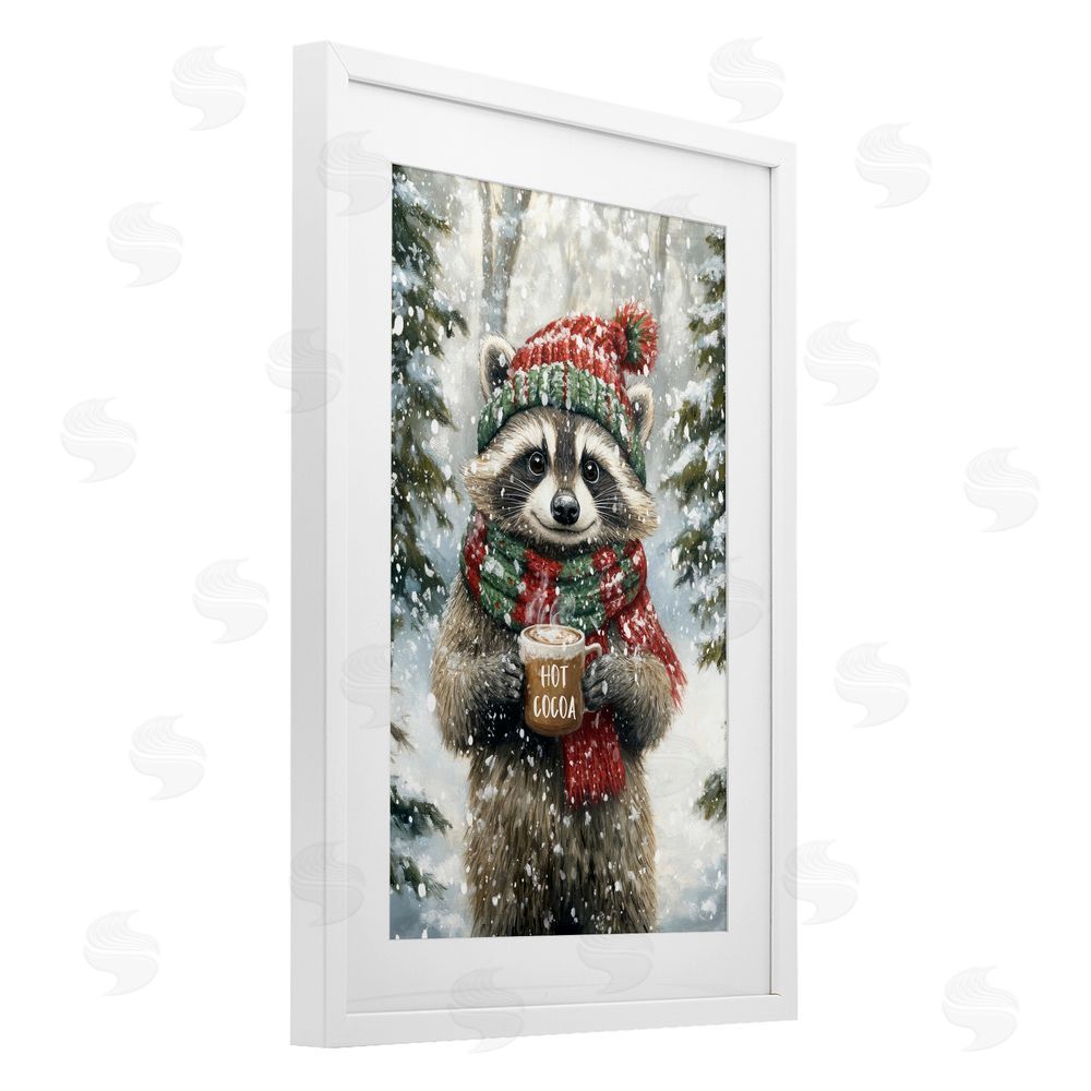 Tina LeCour Merry Cocoa Raccoon White Framed Print Under Glass with Mat Wall Art