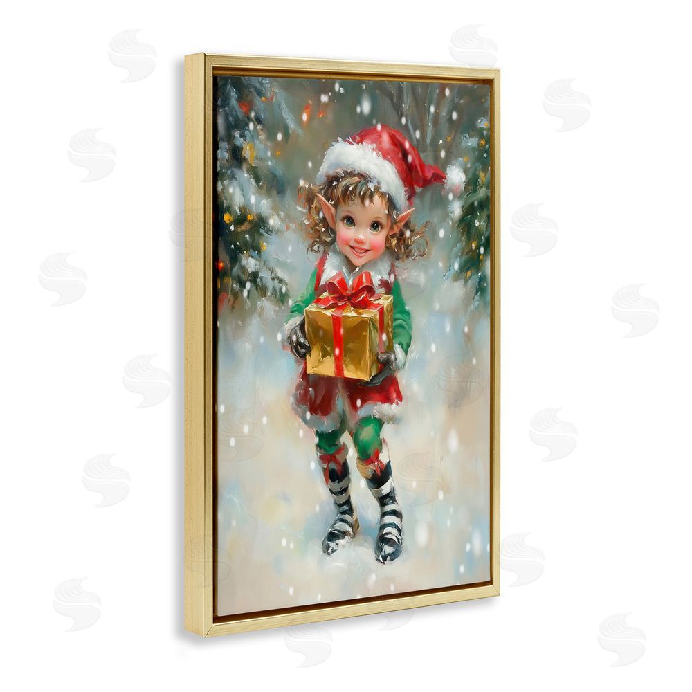Tina LeCour Santa's Little Elf Gold Floating Frame Canvas Wall Art Print