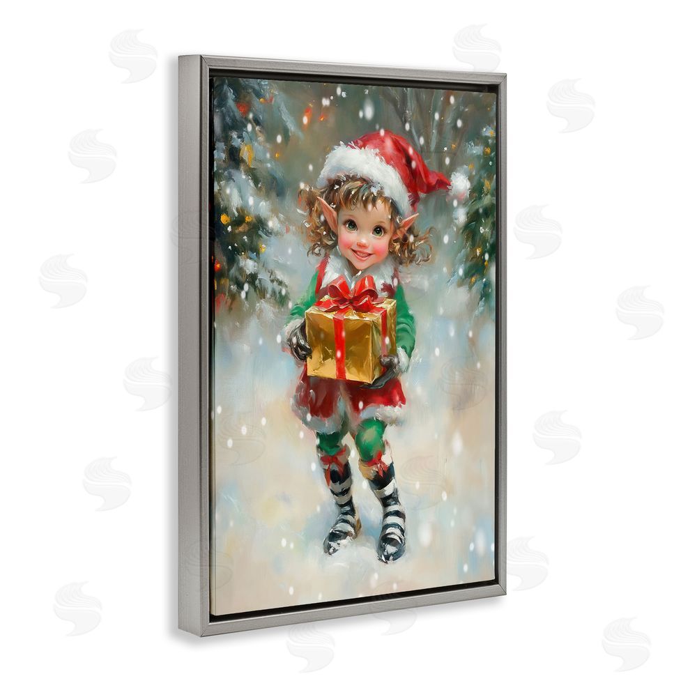 Tina LeCour Santa's Little Elf Gray Floating Frame Canvas Wall Art Print