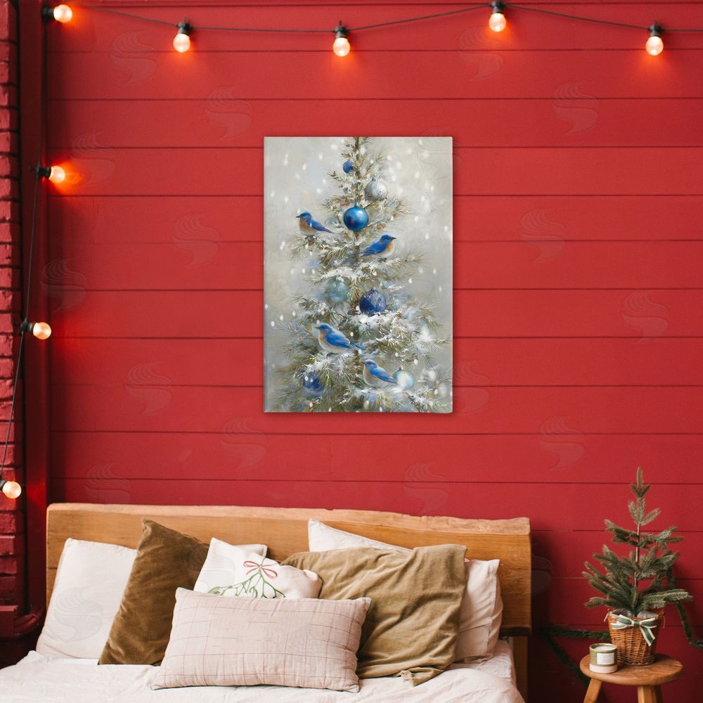 Tina LeCour Blue Bird Christmas Tree Stretched Canvas Wall Art in Room