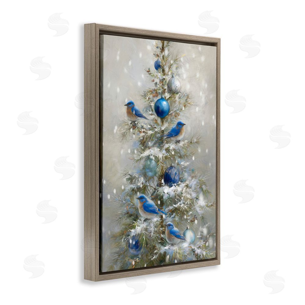 Tina LeCour Blue Bird Christmas Tree Brown Floating Frame Canvas Wall Art Print