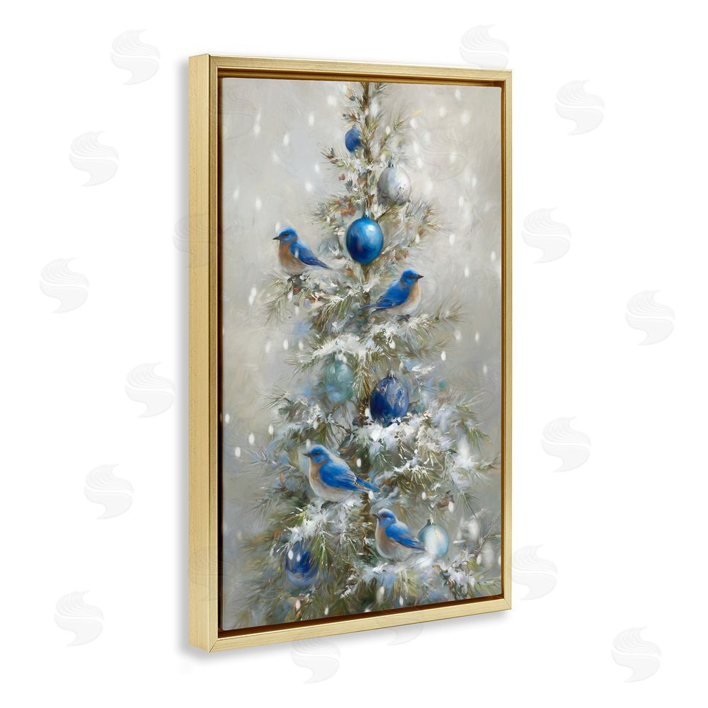 Tina LeCour Blue Bird Christmas Tree Gold Floating Frame Canvas Wall Art Print