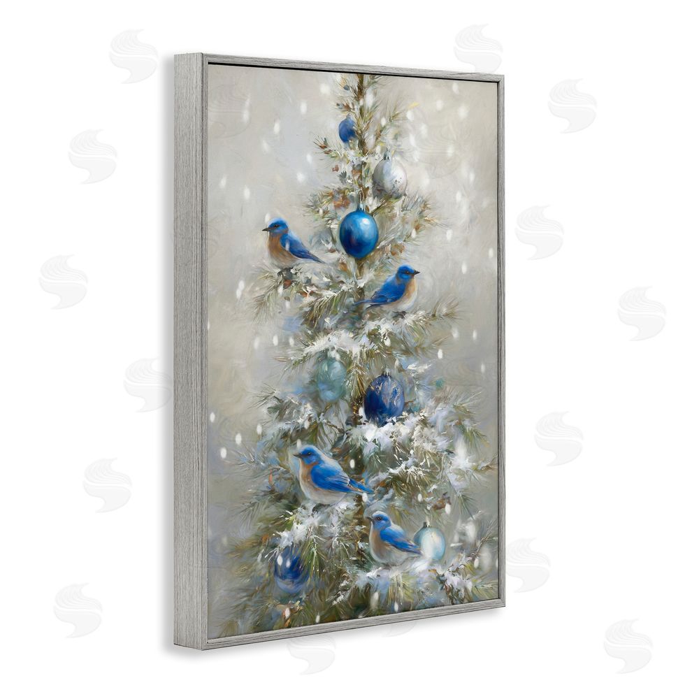 Tina LeCour Blue Bird Christmas Tree Gray Framed Giclee Wall Art Print