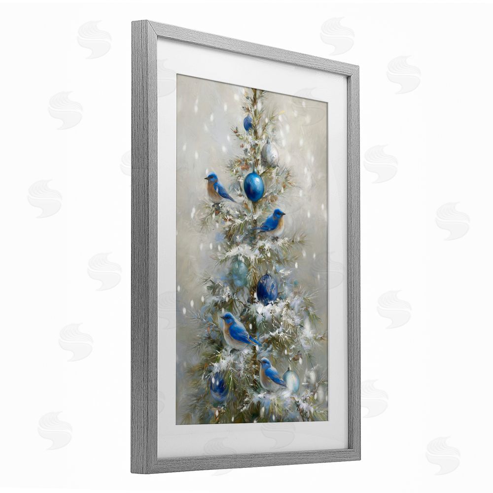 Tina LeCour Blue Bird Christmas Tree Gray Framed Print Under Glass Wall Art