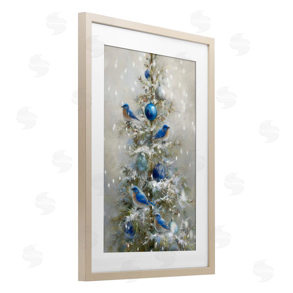 Tina LeCour Blue Bird Christmas Tree Birch Framed Print Under Glass Wall Art