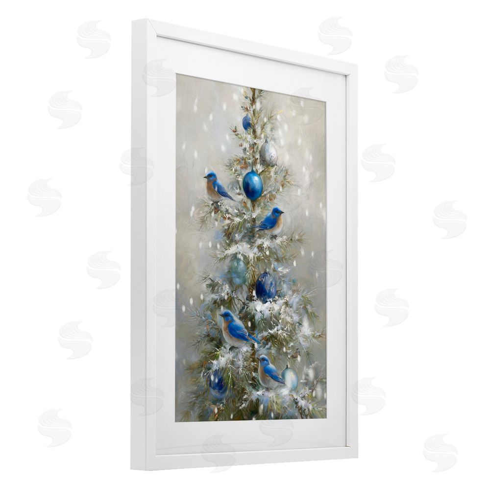 Tina LeCour Blue Bird Christmas Tree White Framed Print Under Glass Wall Art