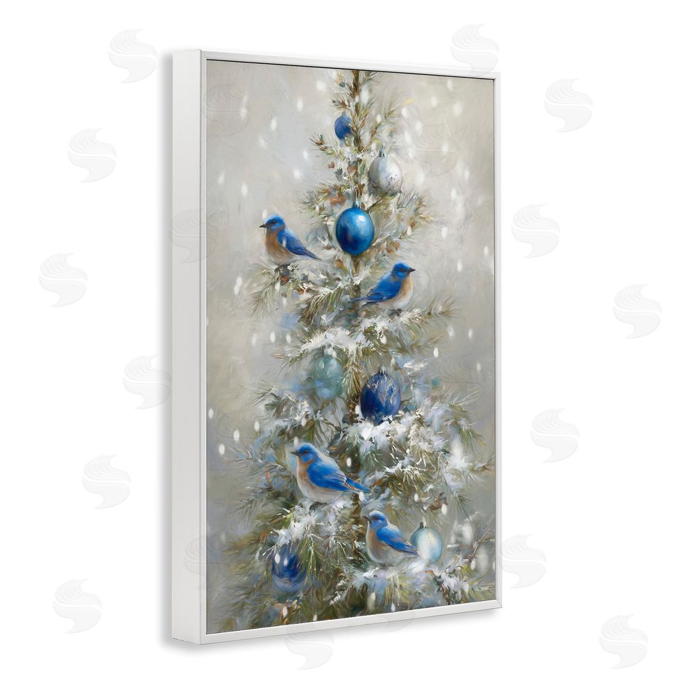 Tina LeCour Blue Bird Christmas Tree White Framed Giclee Wall Art Print