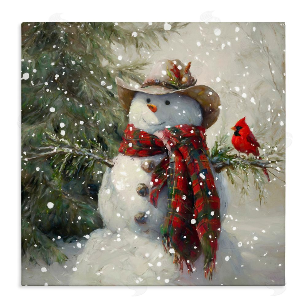 Tina LeCour Cowboy Snowman & Cardinal Stretched Canvas Wall Art Print