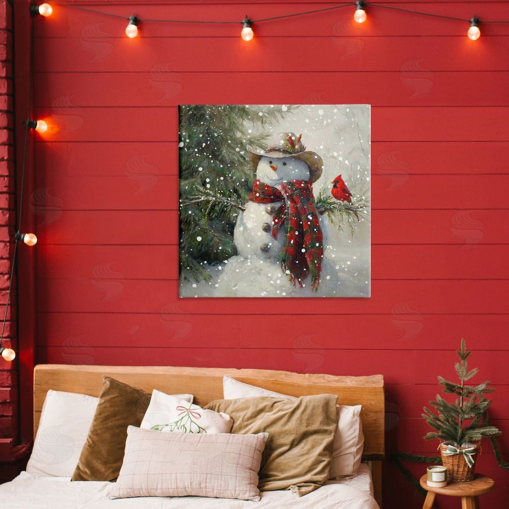 Tina LeCour Cowboy Snowman & Cardinal Stretched Canvas Wall Art Print in Room