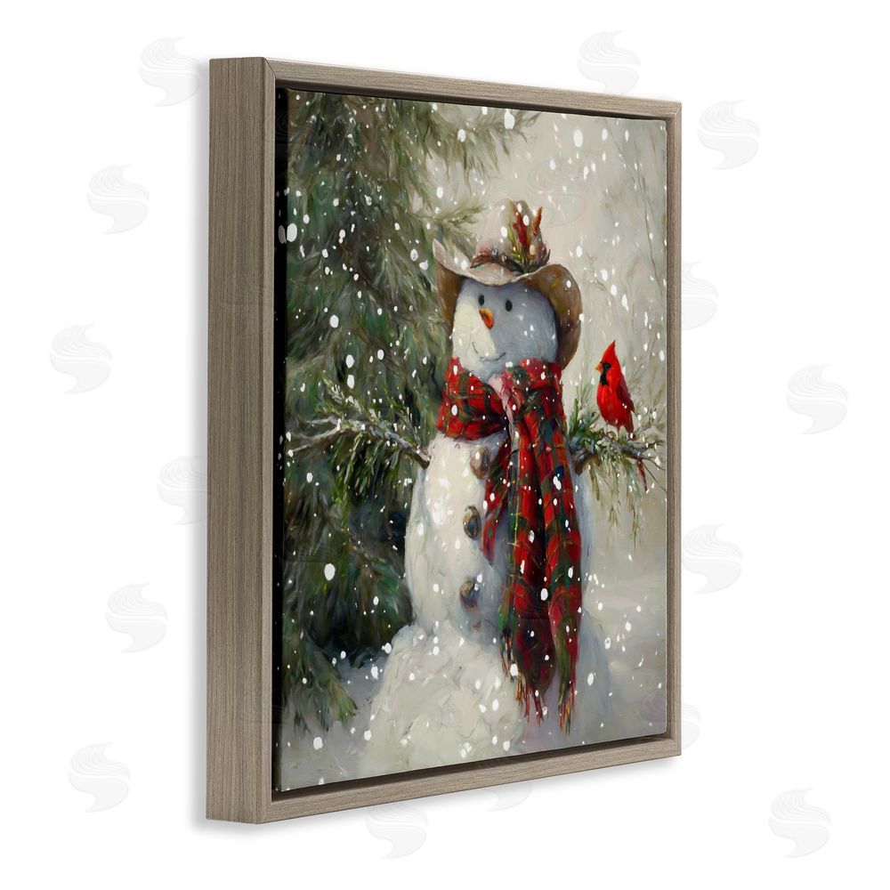 Tina LeCour Cowboy Snowman & Cardinal Brown Floating Frame Wall Art Print