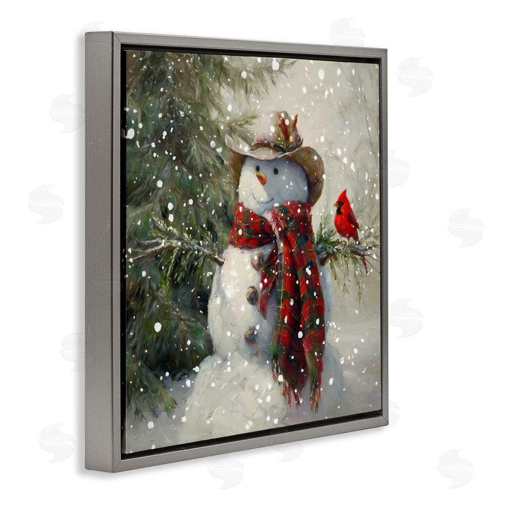 Tina LeCour Cowboy Snowman & Cardinal Gray Floating Frame Wall Art Print