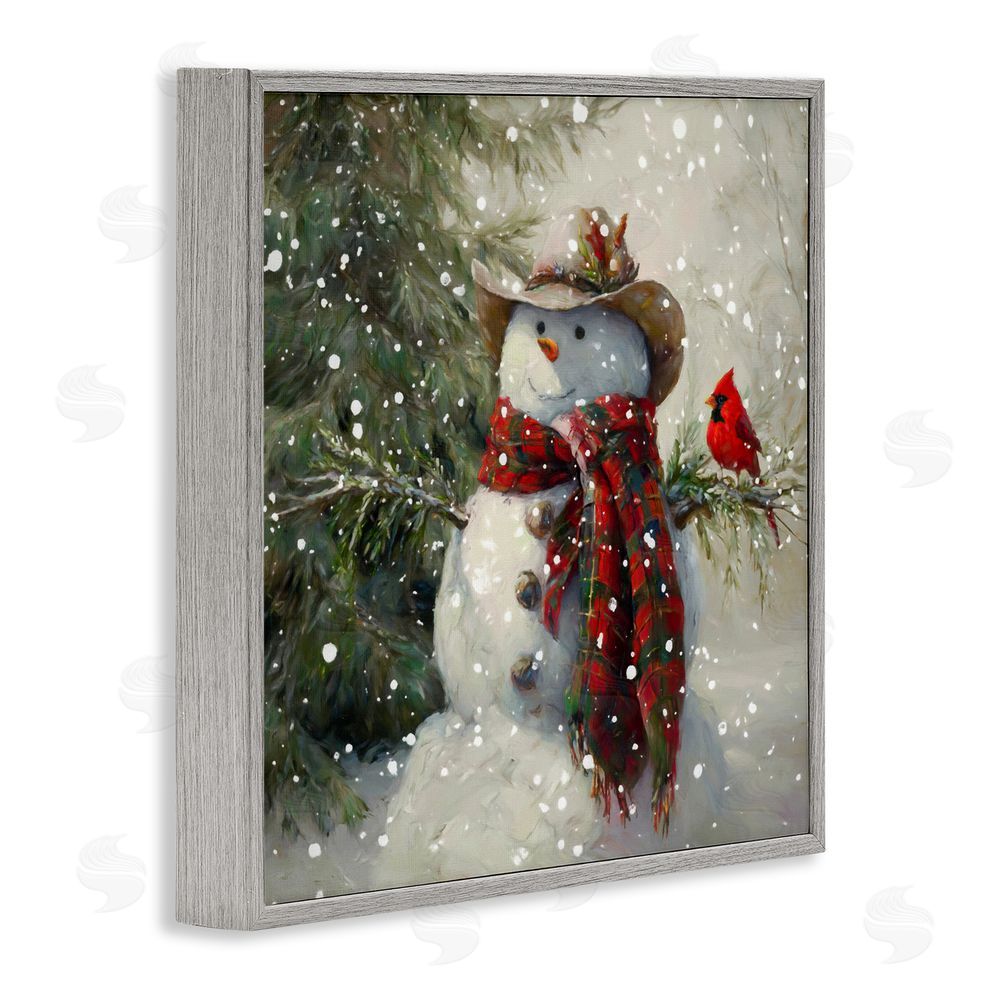 Tina LeCour Cowboy Snowman & Cardinal Gray Framed Giclee Wall Art Print