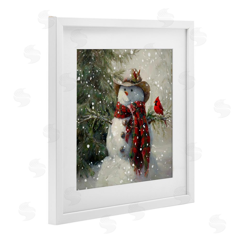 Tina LeCour Cowboy Snowman & Cardinal White Framed Print Under Glass Wall Art