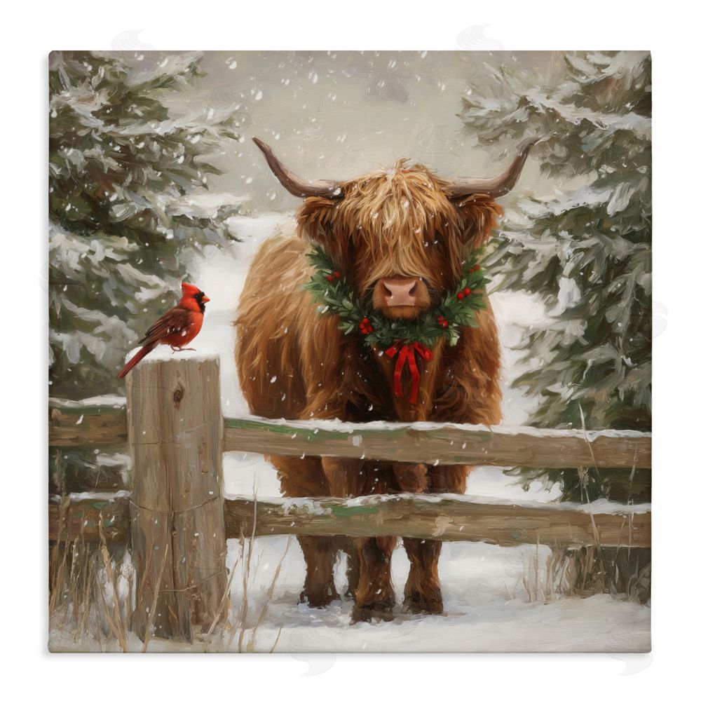 Tina LeCour Christmas Cow & Cardinal Stretched Canvas Wall Art Print