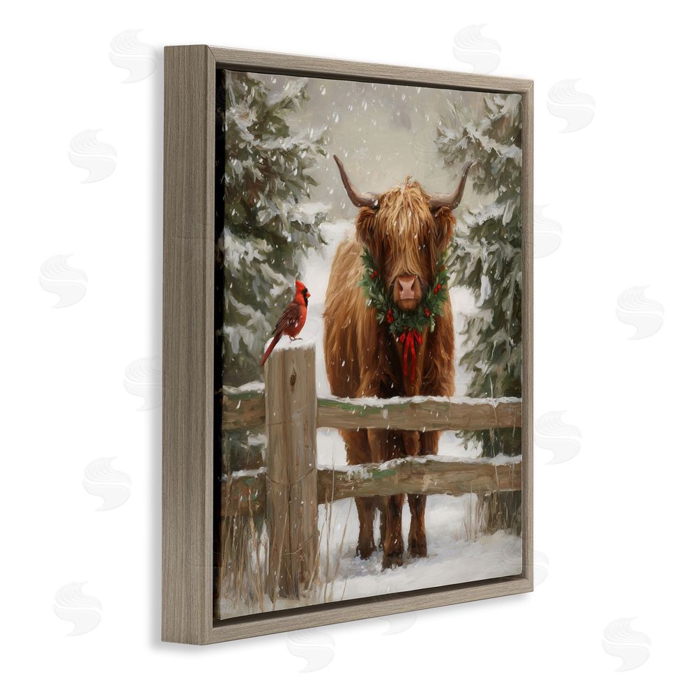 Tina LeCour Christmas Cow & Cardinal Brown Floating Frame Canvas Wall Art Print
