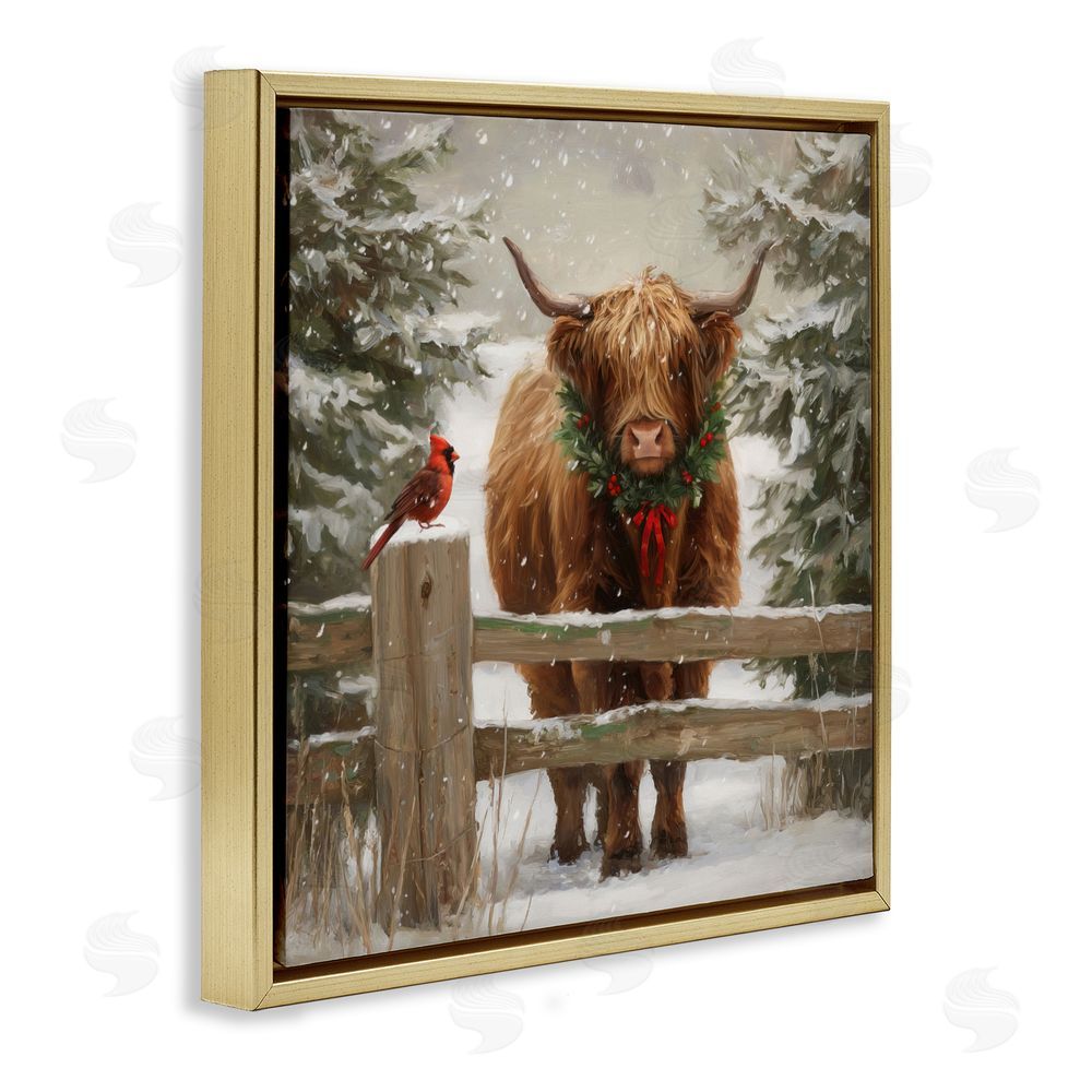 Tina LeCour Christmas Cow & Cardinal Gold Floating Frame Canvas Wall Art Print