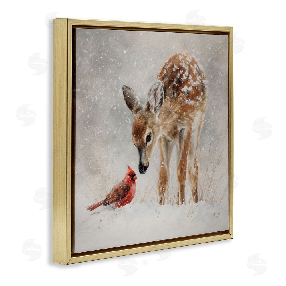 Tina LeCour Little Fawn & The Cardinal Gold Floating Frame Canvas Wall Art