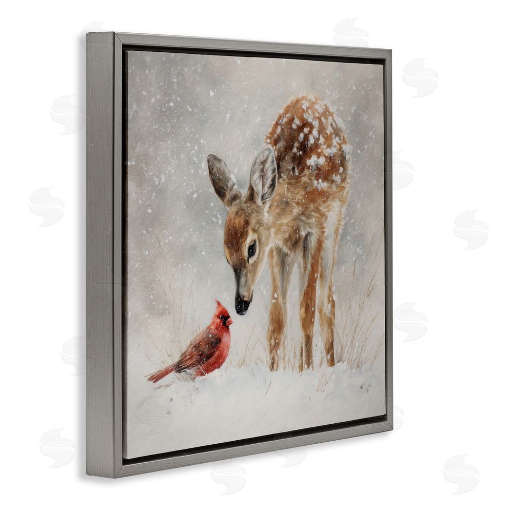 Tina LeCour Little Fawn & The Cardinal Gray Floating Frame Canvas Wall Art