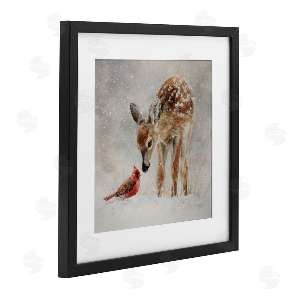 Tina LeCour Little Fawn & The Cardinal Black Framed Print Under Glass with Mat Wall Art