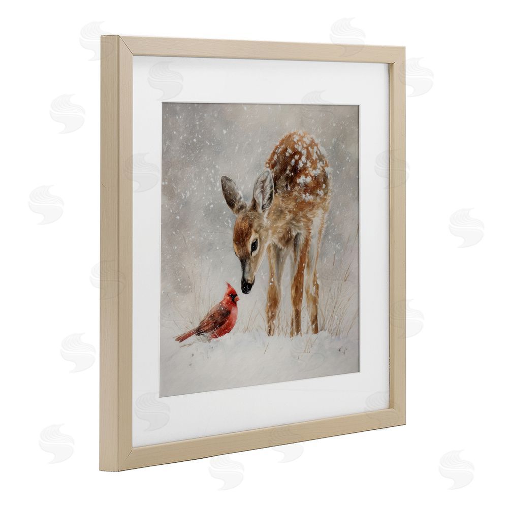 Tina LeCour Little Fawn & The Cardinal Brown Framed Print Under Glass with Mat Wall Art