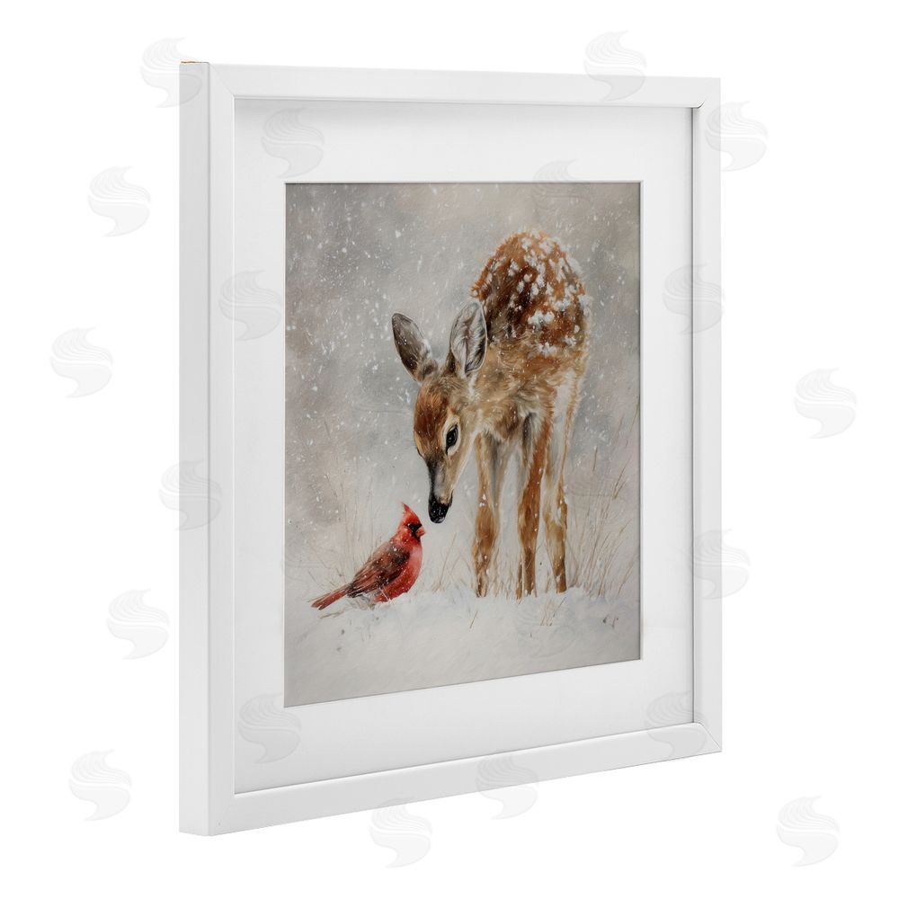 Tina LeCour Little Fawn & The Cardinal White Framed Print Under Glass with Mat Wall Art